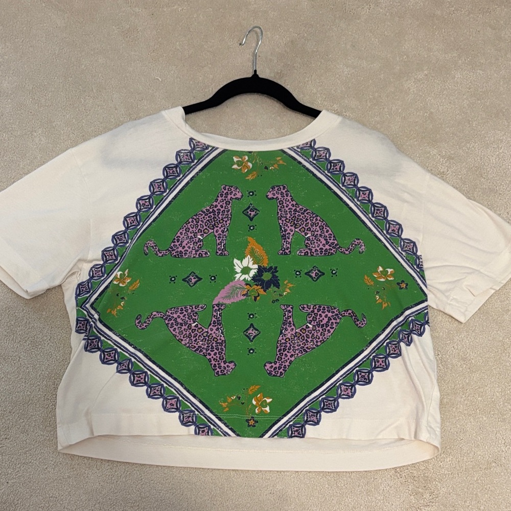 Anthropologie Green and Cream Top with Purple Leopard Design